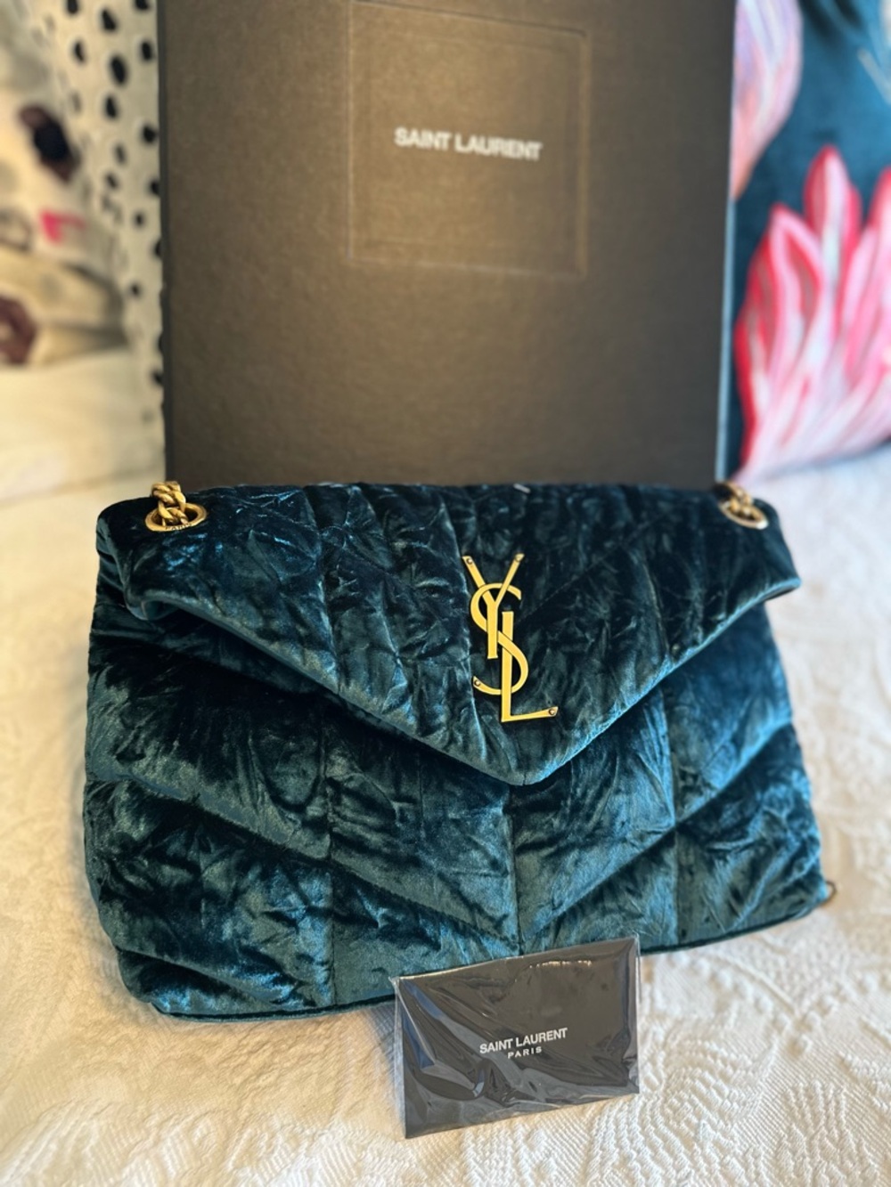Saint Laurent Velvet Emerald Green Puffer Chain Bag - Picture 2 of 10